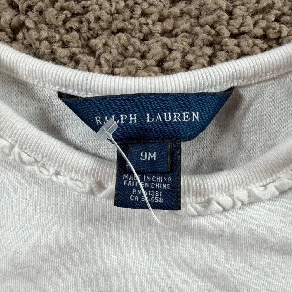 Ralph Lauren Baby Girls White Ruffle Neck Pony Logo‎ T-Shirt 9M preppy classic